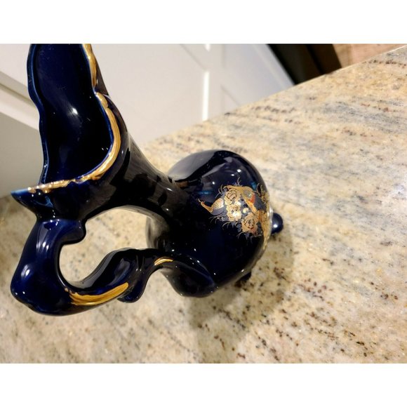 Cobalt Blue Ceramic Gold Trimmed Pitcher Peacock Design 7.5" Tall - Picture 8 of 12